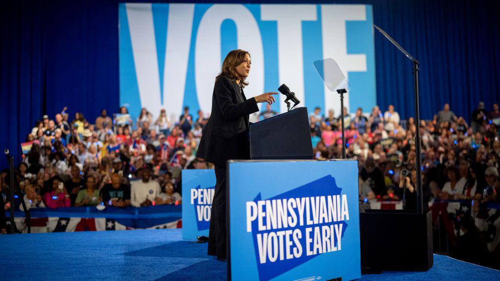 Democratic presidential nominee, US Vice President Kamala Harris speaks during a rally at the Pennsylvania Farm Show Complex & Expo Center on October 30, 2024 in Harrisburg, Pennsylvania.