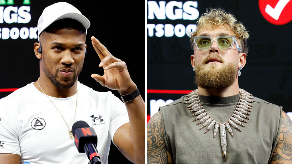 Split image of Anthony Joshua and Jake Paul at a news conference