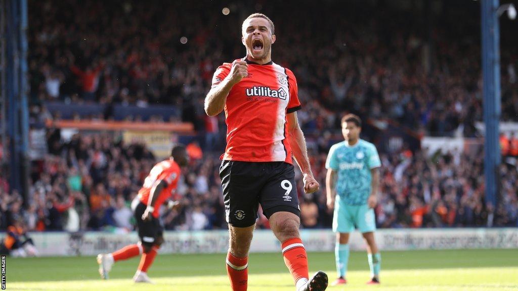 Carlton Morris celebrates after scoring Luton's equaliser against Wolverhampton Wanderers at Kenilworth Road