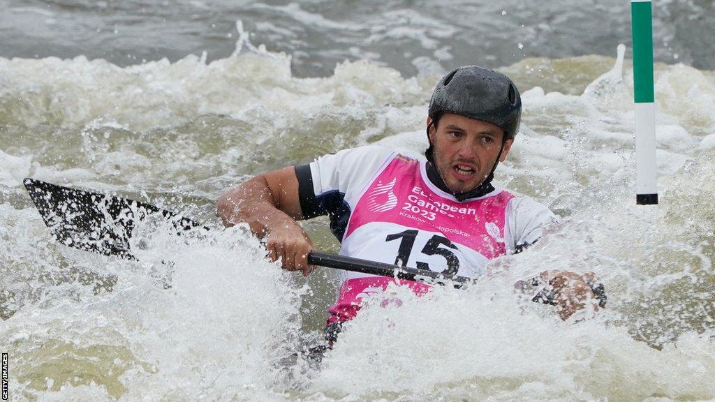 Ryan Westley battles with the current in his canoe during the European Games in Krakow