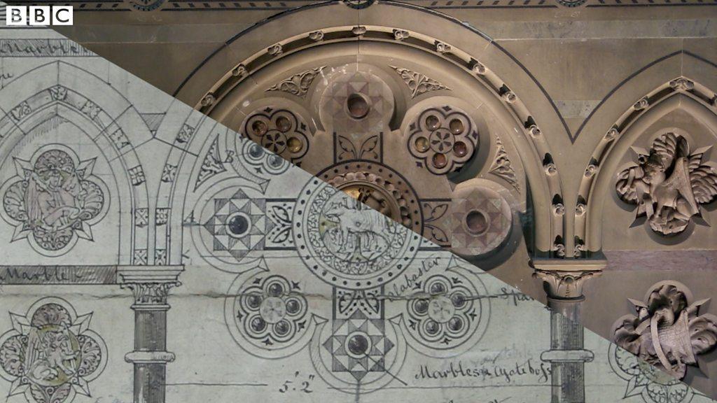 A cross section of the design and actual altarpiece.