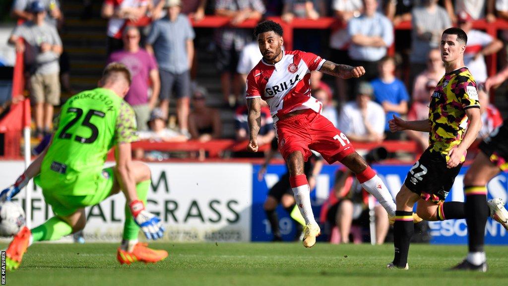 Jamie Reid fires home Stevenage's second goal against Carlisle