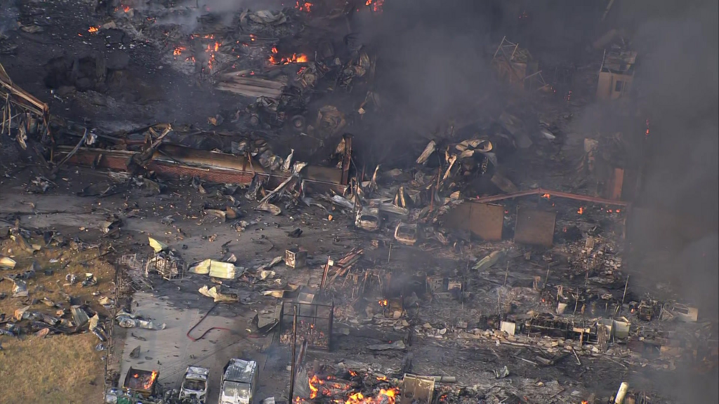 An aerial shot of a large fire