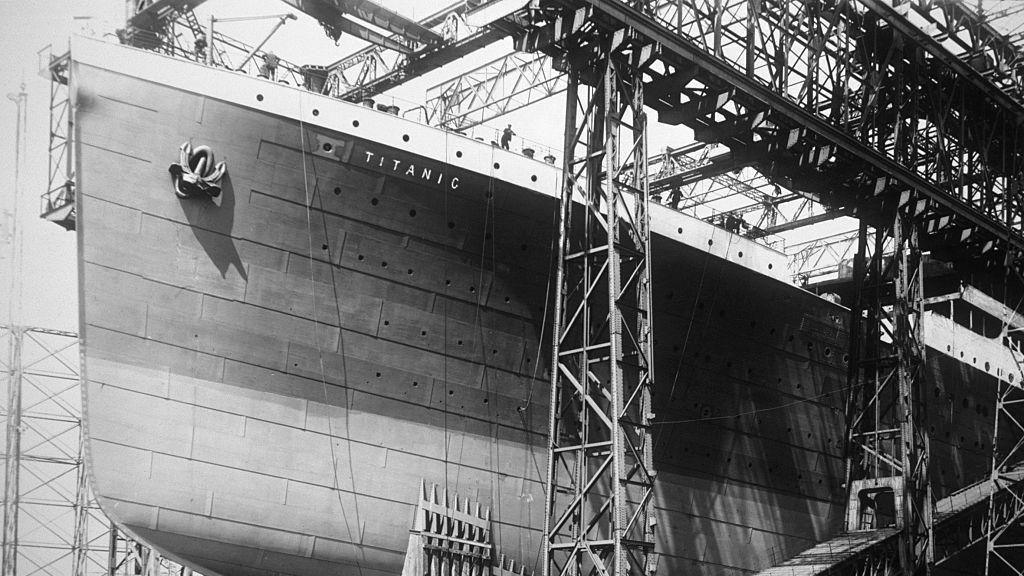 The prow (front of the ship) of the Titanic under construction at Harland and Wolff shipyard in Belfast, Ireland.