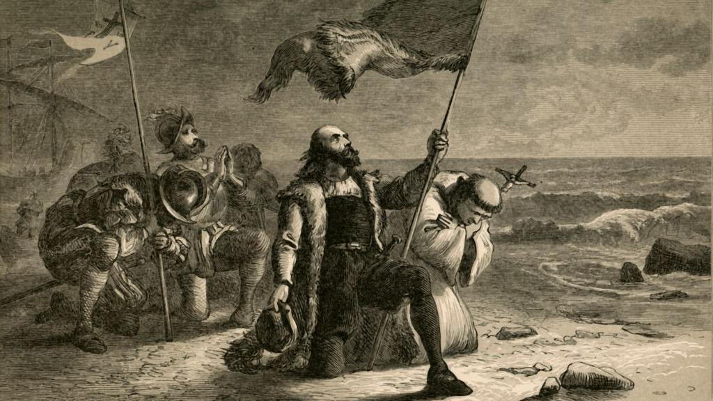 Black-and-white painting of Christopher Columbus arriving on a beach holding a flag in his left hand