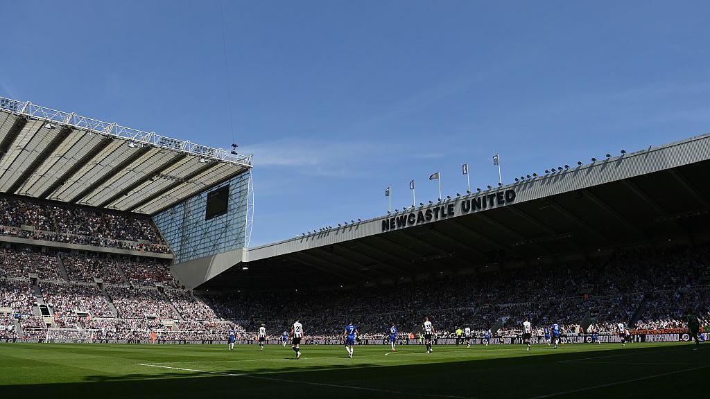 A general view of the St James' Park ground in the sunshine during the Premier League match between Newcastle United and Chelsea