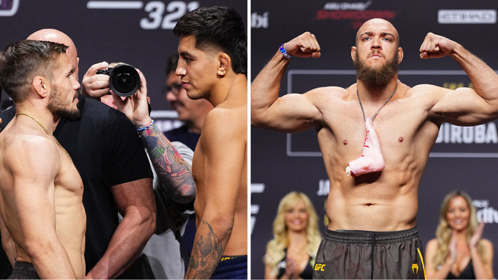 Split image of Nathaniel Wood faces off with Jose Delgado and Valter Walker with a severed foot toy around his neck
