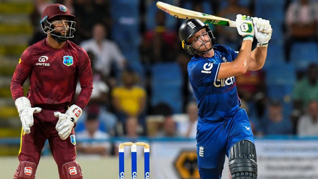 Jos Buttler hits a six for England