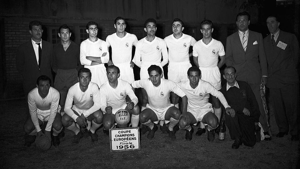 The Real Madrid team line-up ahead of the first European Cup final, between Madrid and Reims, 1956.