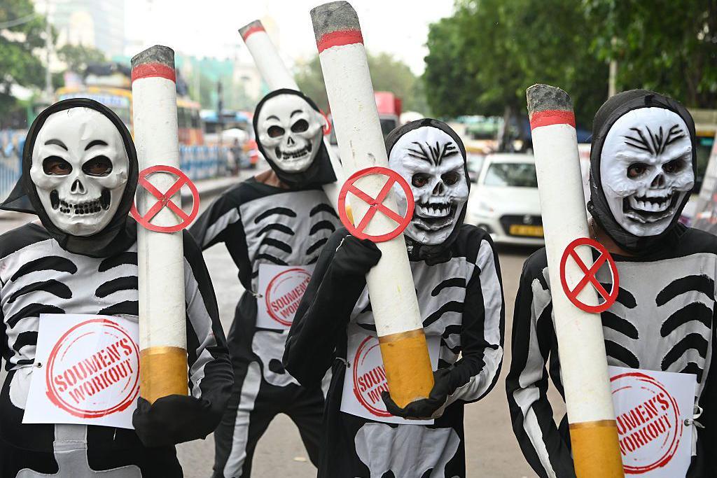 People wearing skeleton outfits take part in a rally encouraging others not to use tobacco products in Kolkata, India, on May 31, 2025. World No Tobacco Day is observed around the world every year on May 31. 
