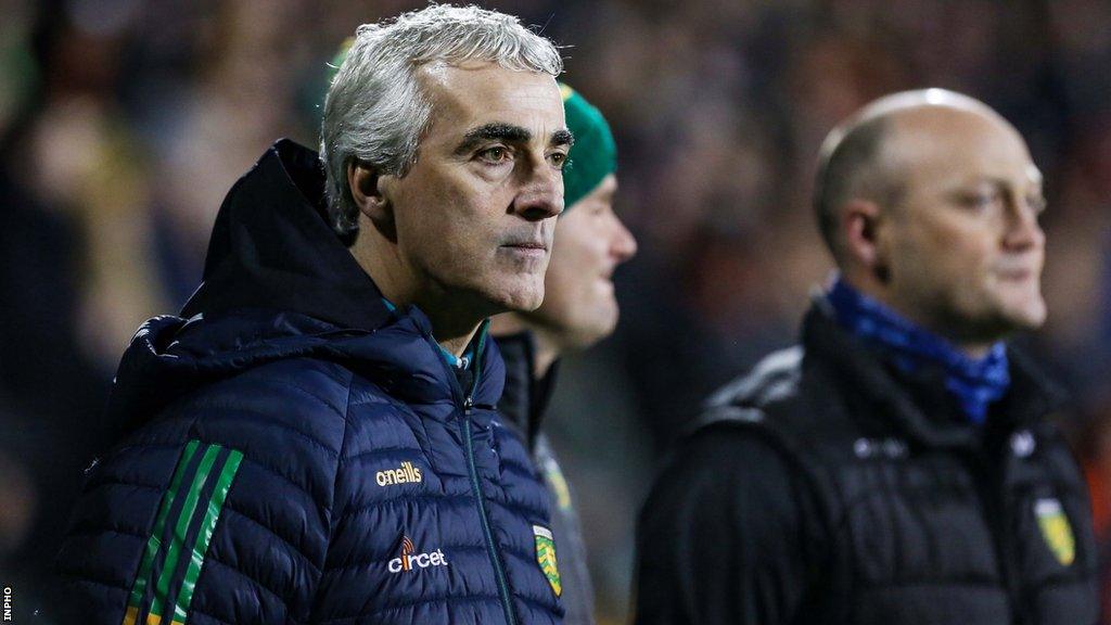 Jim McGuinness and Colm McFadden watch Donegal's win over Armagh in the Dr McKenna Cup