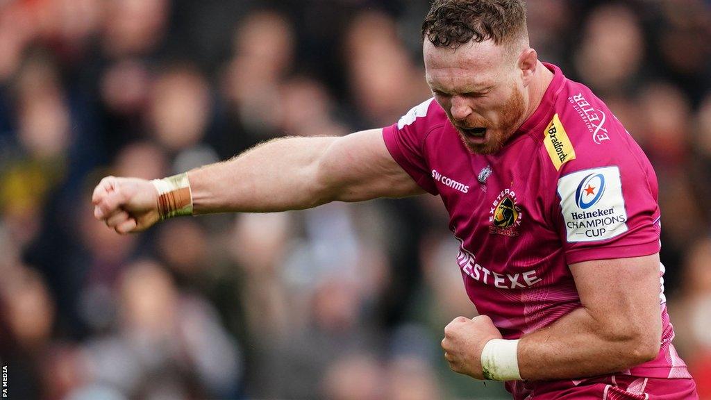 Sam Simmonds celebrates a try for Exeter