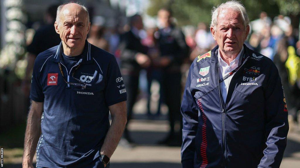 Franz Tost of Austria and Scuderia Alpha Tauri (L) and Dr. Helmut Marko of Austria and Oracle Red Bull Racing