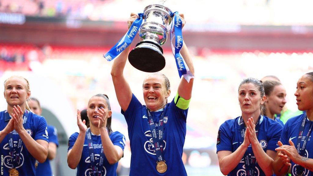 Magdalena Eriksson lifts the Women's FA Cup after Chelsea's win against Manchester United