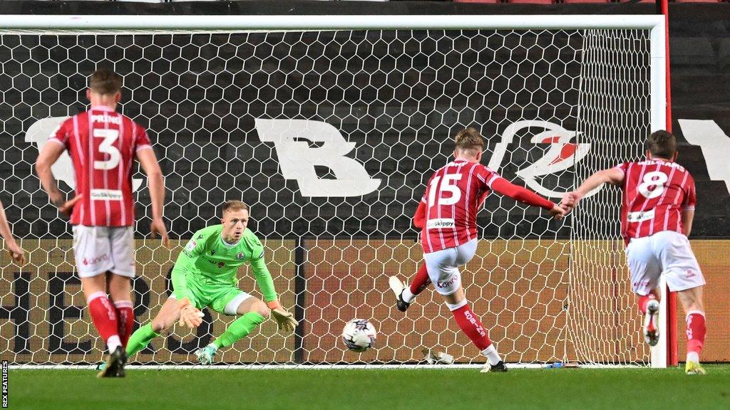 Tommy Conway scoring from a penalty for Bristol City against Blackburn