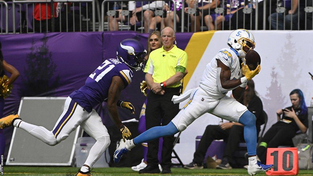 Joshua Palmer scores for the Los Angeles Chargers against Minnesota