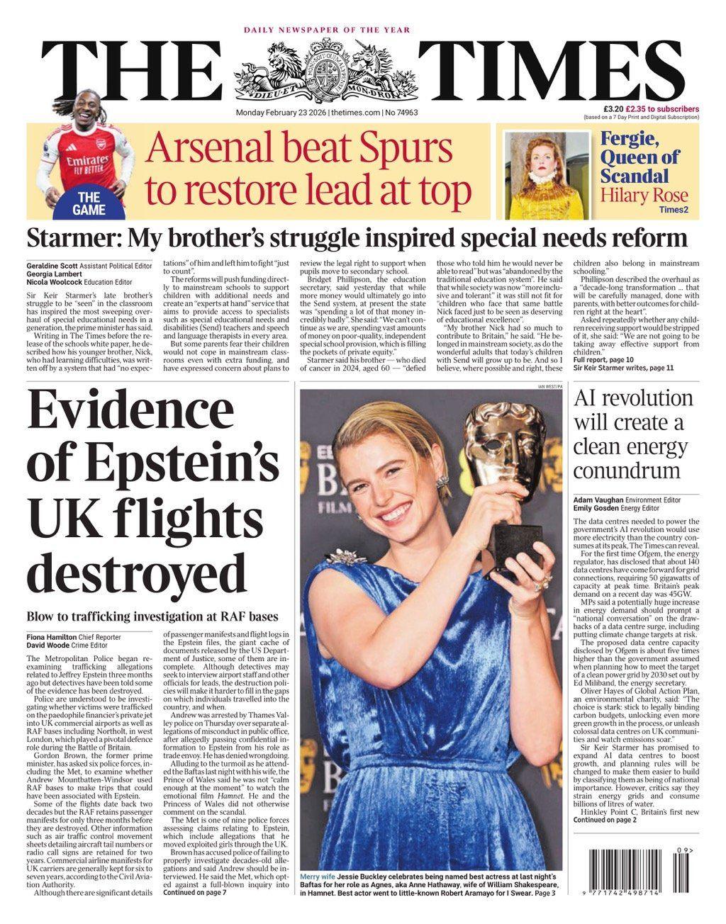 Titulli në faqen e parë të gazetës Times thotë: "Provat e fluturimeve të Epstein në Mbretërinë e Bashkuar u shkatërruan".