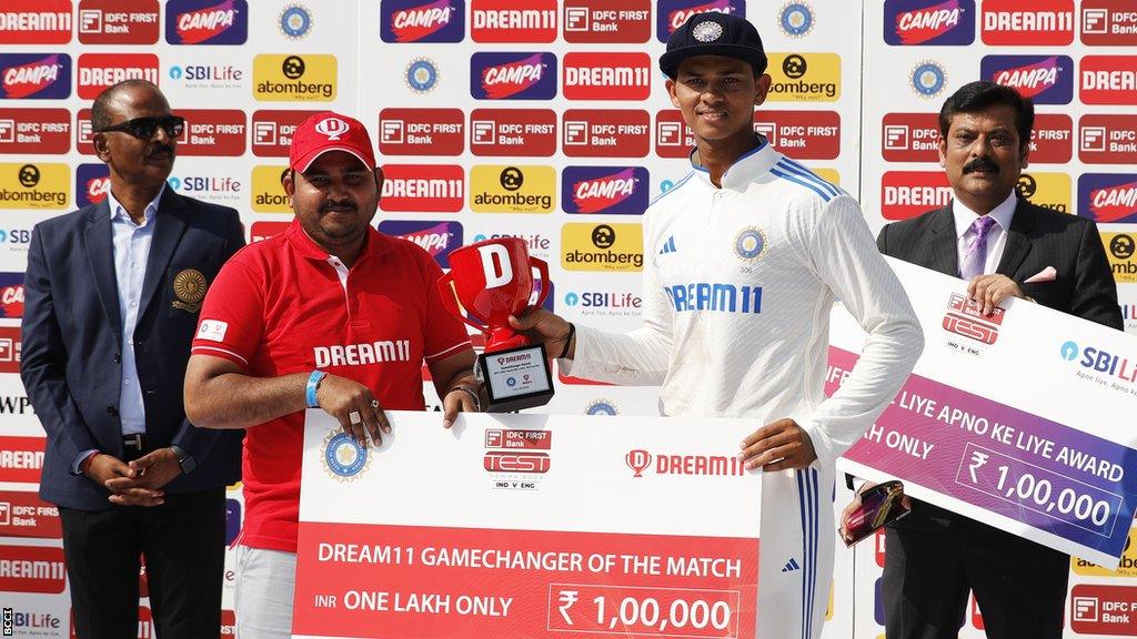 India batter Yashasvi Jaiswal receives the Game Changer of the Match award after the second Test against England