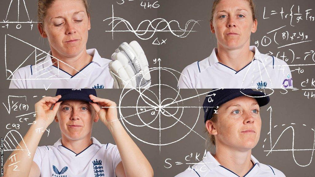 Four images of Heather Knight with graphs and equations around her