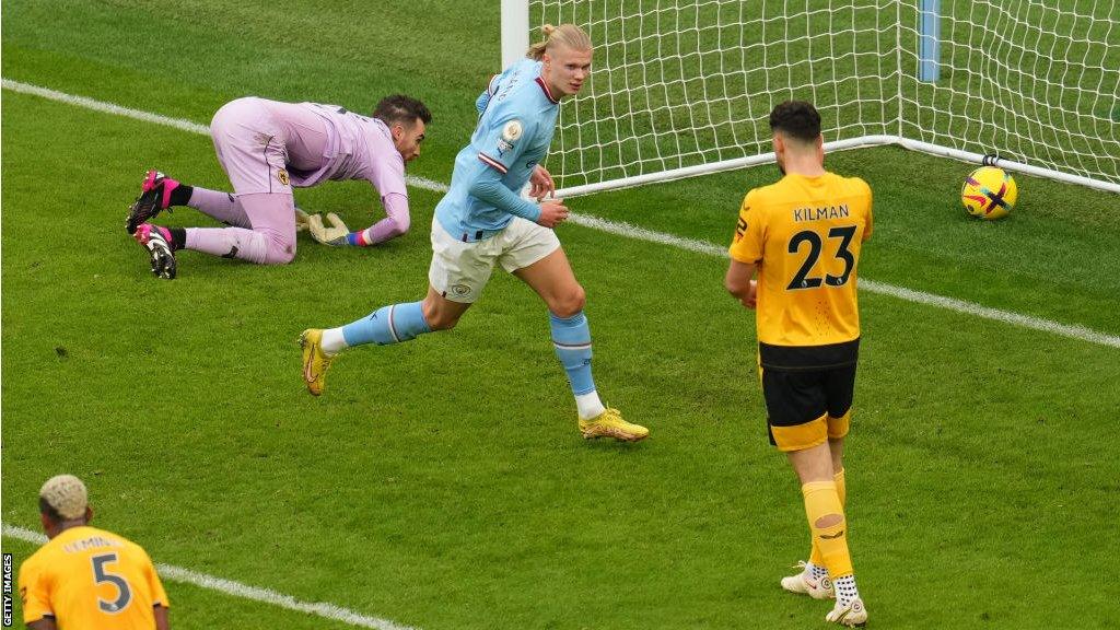 Erling Haaland scores for Manchester City against Wolves