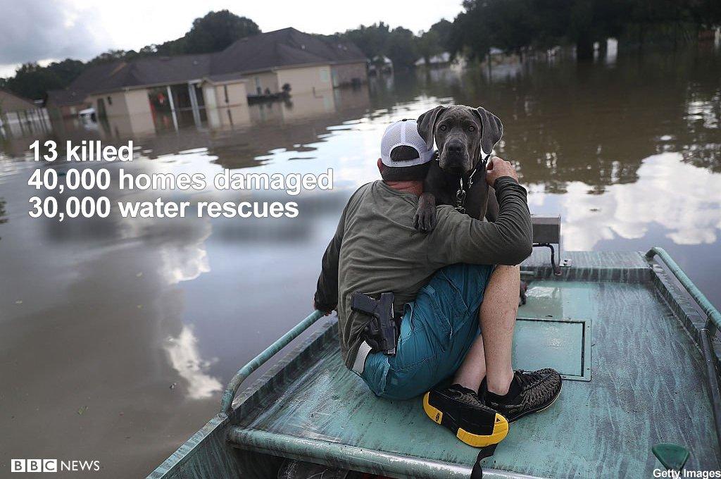 13 killed, 40,000 homes damaged, 30,000 water rescues