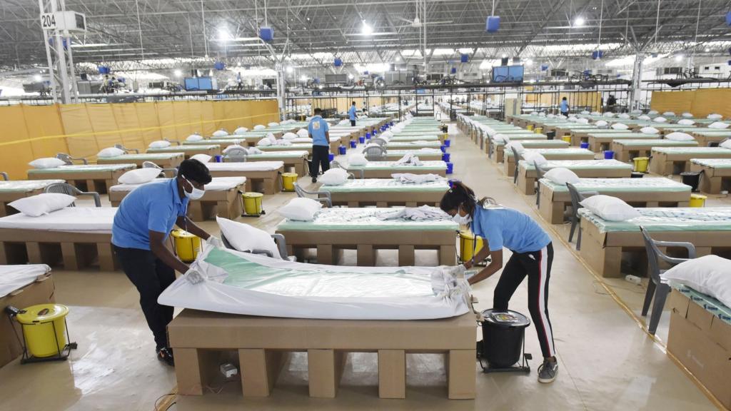 Beds being prepared in a Covid-19 hospital in Delhi