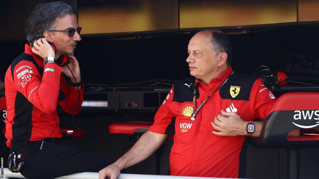 Laurent Mekies and Frederic Vasseur on the pit wall before qualifying at the Hungaroring in Budapest