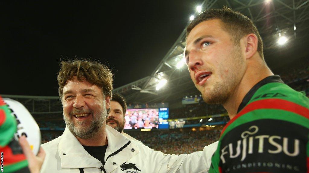 Russell Crowe (left) and Sam Burgess (right) at the 2014 NRL Grand Final