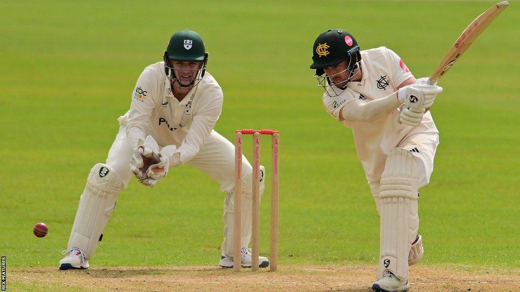 Joe Clarke (right) plays a cover drive during his innings for Nottinghamshire against Worcestershire