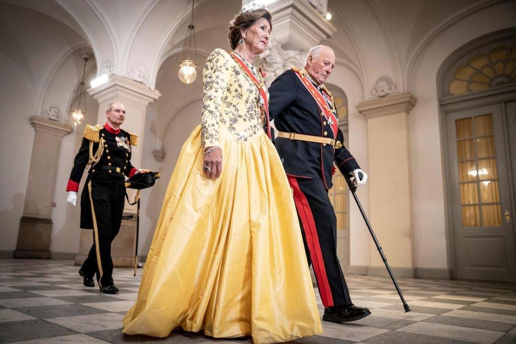 King Harald V and Queen Sonja of Norway arrive at the gala banquet at Christiansborg Palace on September 11, 2022, during celebrations to mark the 50th anniversary of the Queen of Denmark's accession to the throne.