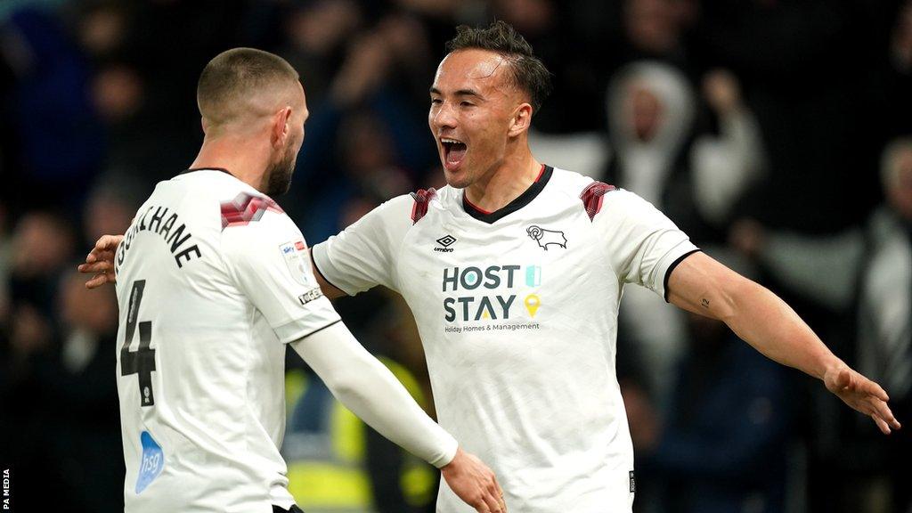 Kane Wilson celebrates scoring for Derby against Lincoln