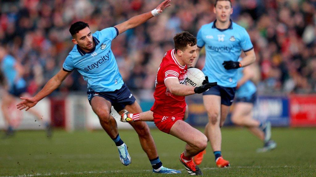 Oak Leaf forward Shane McGuigan takes a tumble during the Division One defeat by Dublin