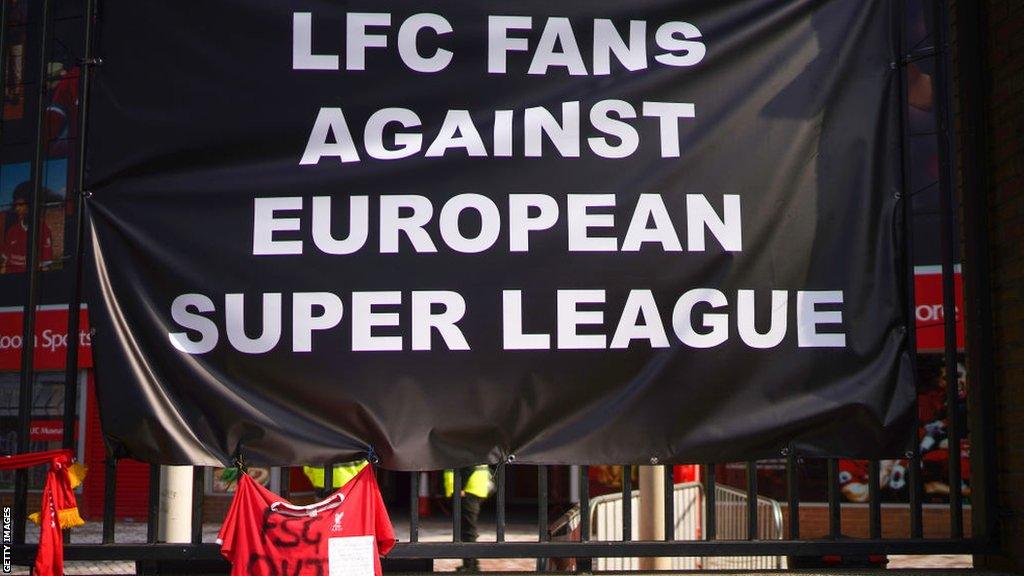 Liverpool fans protest against the European Super League in April 2021