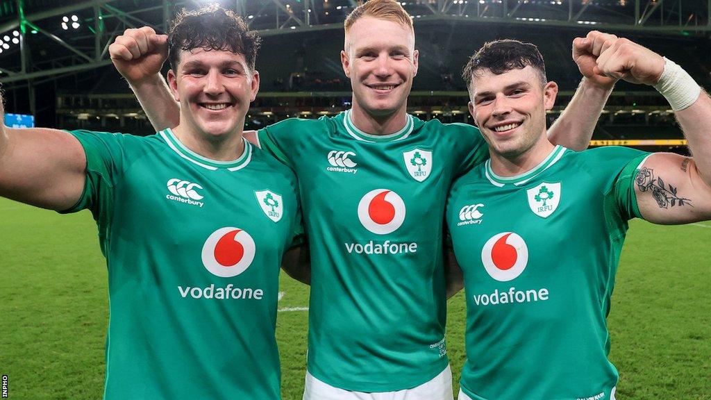 Tom Stewart, Ciaran Frawley and Calvin Nash after making their Ireland debuts