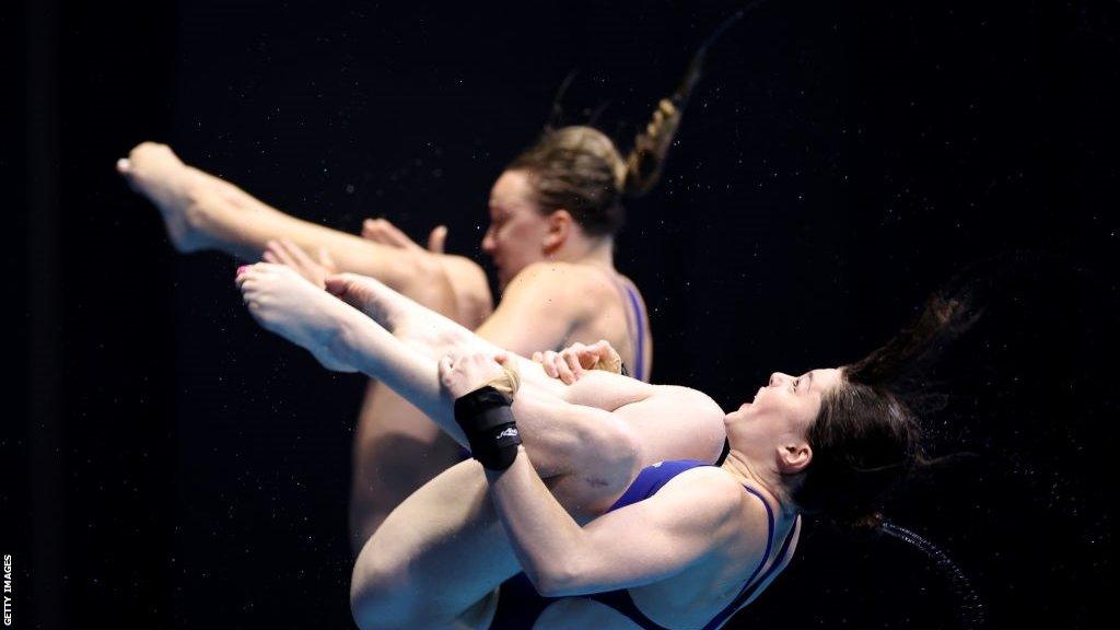 Britain's Andrea Spendolini-Sirieix and Lois Toulson competing in the women's 10m synchronised at the World Aquatics Championship in Fukuoka, Japan