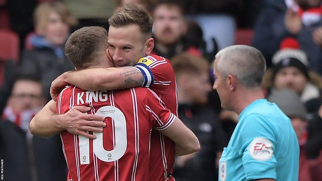 Andreas Weimann (centre) opened the scoring for Bristol City in their victory over Blackpool at Ashton Gate Stadium