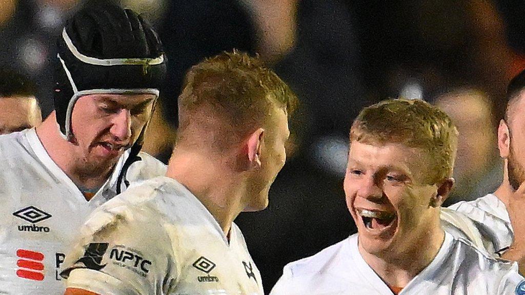 Adam Beard, Jac Morgan and Keiran Williams celebrate at Leicester