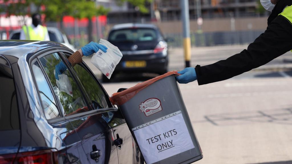 A Covid-19 drive-through test centre in Greenwich, London, 2 May