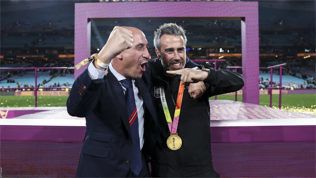 Luis Rubiales and Jorge Vilda celebrating together after Spain won the Women's World Cup