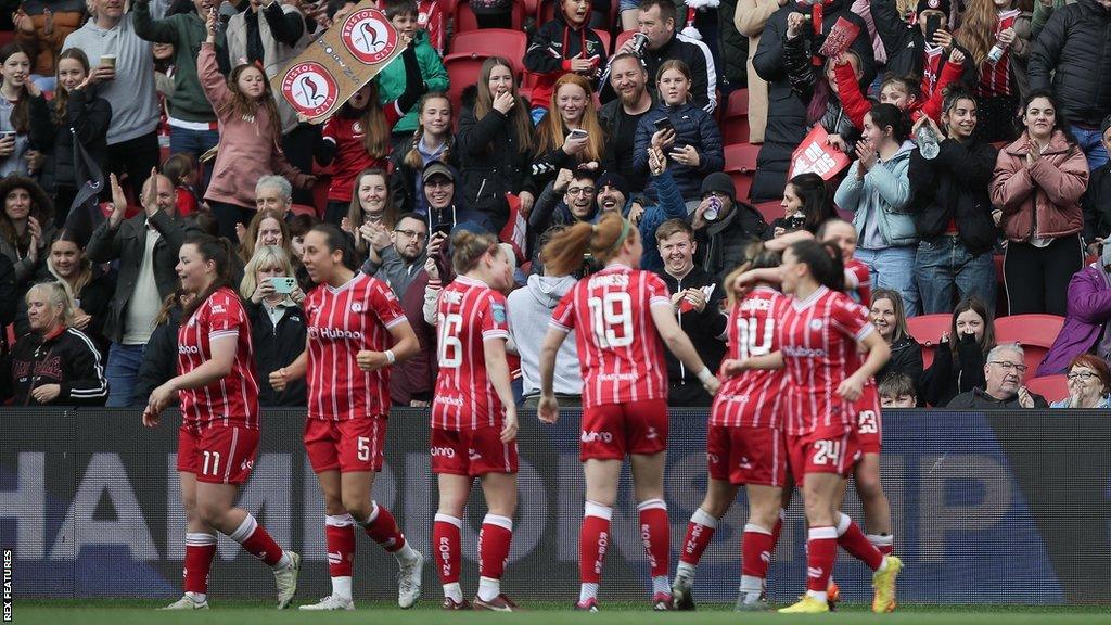 Bristol City women celebrate Abi Harrison's goal