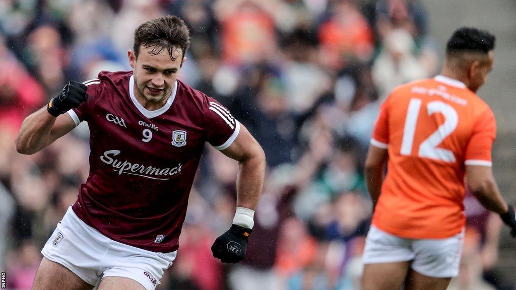 Collan McDaid celebrates scoring a goal against Armagh with Galway winning the All-Ireland quarter-final in a penalty shootout