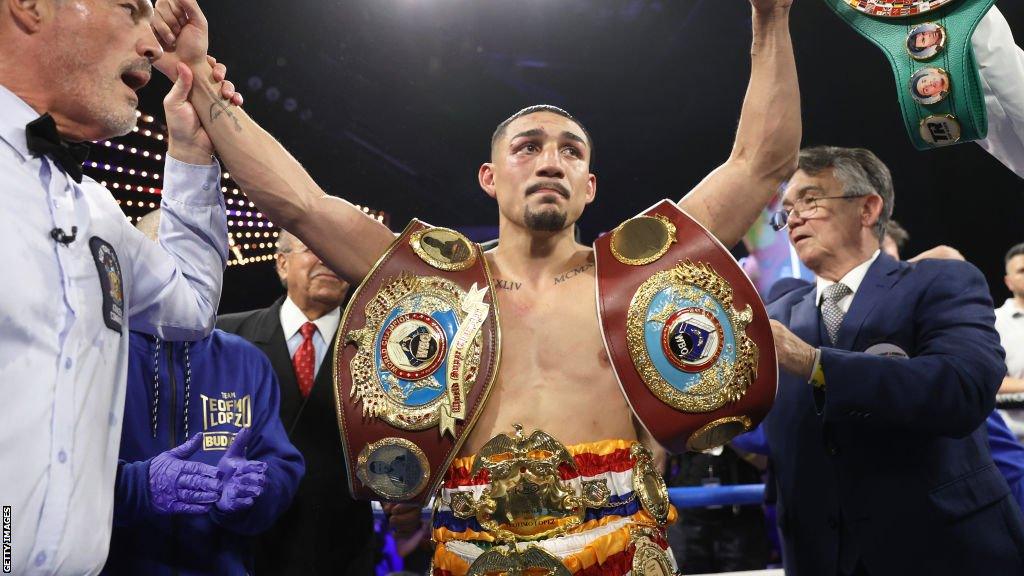 Teofimo Lopez with his belts