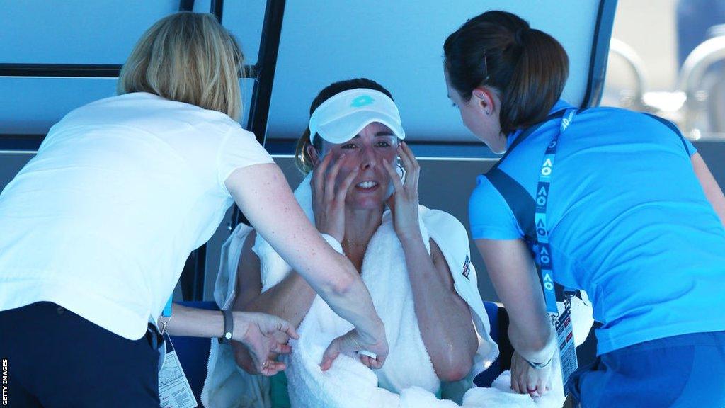 Alize Cornet received medical attention during the Australian Open in 2014