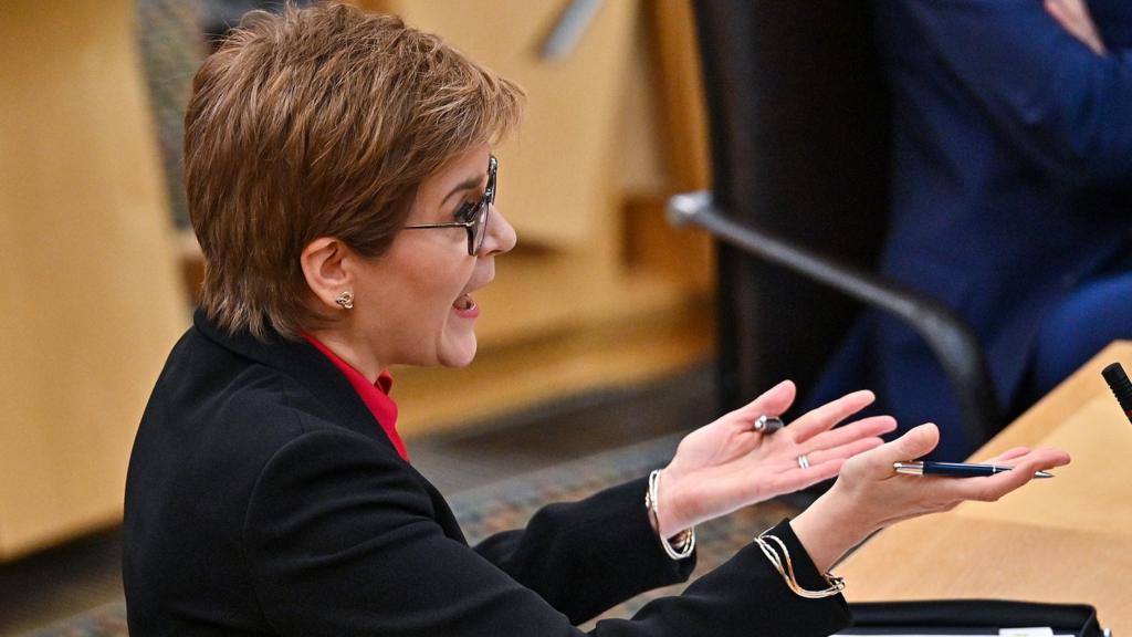 Scotland's First Minister Nicola Sturgeon attends First Minster's Questions (FMQ's) at the Scottish Parliament on December 9, 2021 i