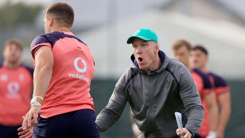 Paul O'Connell calls out to an Ireland player during training in France