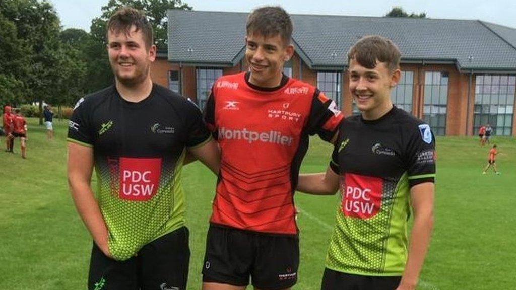 Dafydd Jenkins playing for Hartpury College against his former Porthcawl team-mates Joe Markey (left) and Morgan Roach (right) who were both playing for Coleg Y Cymoedd