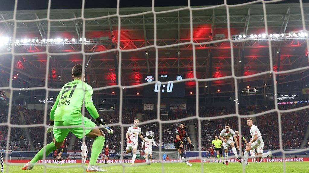 Riyad Mahrez scores against RB Leipzig