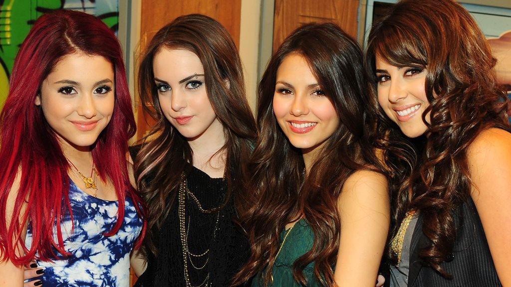 Ariana Grande (left) on the set of her first TV show, Victorious, in 2010, with Elizabeth Gillies, Victoria Justice and Daniella Monet