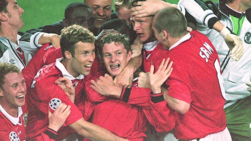 Ole Gunnar Solskjaer celebrates with his Man Utd team-mates after scoring the winner in the 1999 Champions league final