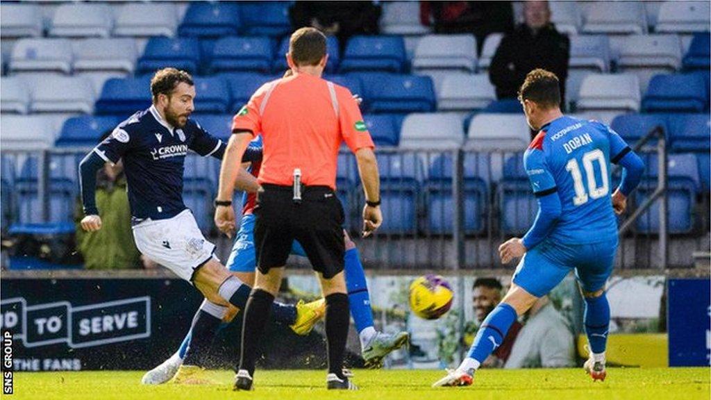 Dundee's Paul McMullan scores to make it 1-0 during a cinch Championship match between Inverness Caledonian Thistle and Dundee at the Caledonian Stadium